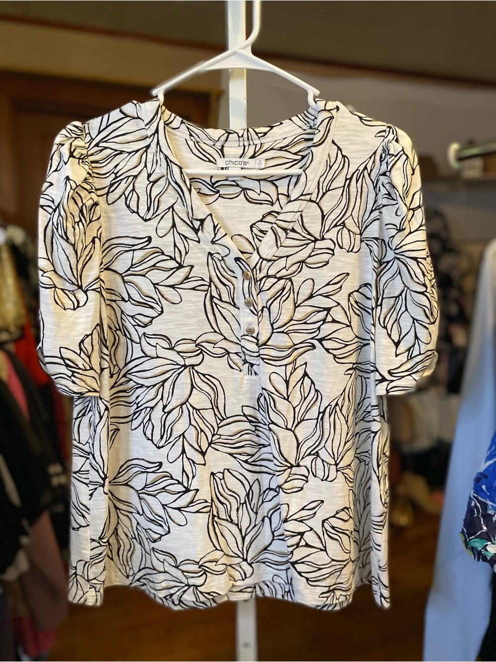 Chico's White Button-Front Blouse with Black Leaf Outline